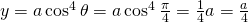 y=a\cos^{4}\theta=a\cos^{4}\frac{\pi}{4}=\frac{1}{4}a=\frac{a}{4}