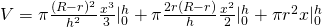 V=\pi \frac{(R-r)^{2}}{h^{2}} \frac{x^{3}}{3}|_{0}^{h}+\pi \frac{2r(R-r)}{h} \frac{x^{2}}{2} |_{0}^{h}+\pi r^{2} x |_{0}^{h}