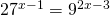 27^{x-1}=9^{2x-3}