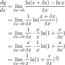 \begin{equation*} \begin{split} \frac{dy}{dx}&=\lim_{\delta x \to 0}\frac{\ln (x+\delta x)- \ln x}{\delta x}\\ &=\lim_{\delta x \to 0}\frac{1}{\delta x}\ln (\frac{x+\delta x}{\delta x})\\ &=\lim_{\delta x \to 0}\frac{1}{\delta x} \cdot \frac{x}{x} \ln (1+\frac{x}{\delta x})\\ &= \lim_{\delta x \to 0}\frac{x}{\delta x} \cdot \frac{1}{x} \ln (1+\frac{x}{\delta x}) \\ &=\lim_{\delta x \to 0}\frac{1}{x} \ln (1+\frac{x}{\delta x})^{\frac{x}{\delta x}} \end{split} \end{equation*}