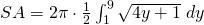 SA=2 \pi \cdot \frac{1}{2}\int_{1}^{9} \sqrt{4y+1} \;dy