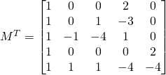 M^T=\begin{bmatrix}1 & 0 & 0 & 2&0\\1 & 0 & 1 & -3&0\\1 & -1 & -4 & 1&0\\1 & 0 & 0 & 0&2\\1 &1 & 1 & -4&-4 \end{bmatrix}