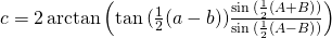 c=2\arctan {\left(\tan {(\frac{1}{2}(a-b))}\frac{\sin {(\frac{1}{2}(A+B)})}{\sin {(\frac{1}{2}(A-B)})}  \right)}