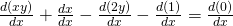 \frac{d(xy)}{dx}+\frac{dx}{dx}-\frac{d(2y)}{dx}-\frac{d(1)}{dx}=\frac{d(0)}{dx}