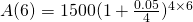 A(6)=1500(1+\frac{0.05}{4})^{4\times 6}