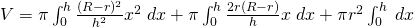 V=\pi \int_{0}^{h} \frac{(R-r)^{2}}{h^{2}}x^{2}\;dx+\pi \int_{0}^{h} \frac{2r(R-r)}{h}x \;dx+\pi r^{2} \int_{0}^{h} \;dx