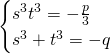 \begin{cases}s^{3}t^{3}=-\frac{p}{3}\\s^{3}+t^{3}=-q \end{cases}