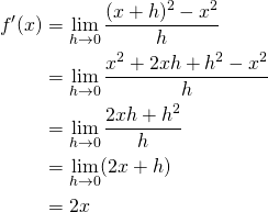\begin{equation*} \begin{split} f'(x)&=\lim_{h \to 0}\frac{(x+h)^{2}-x^{2}}{h}\\&= \lim_{h \to 0}\frac{x^{2}+2xh+h^{2}-x^{2}}{h}\\ &=\lim_{h \to 0}\frac{2xh+h^{2}}{h}\\&=\lim_{h \to 0}(2x+h)\\&=2x \end{split} \end{equation*}