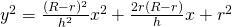 y^{2}=\frac{(R-r)^{2}}{h^{2}}x^{2}+\frac{2r(R-r)}{h}x+r^{2}