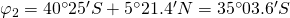 \varphi_{2}=40^{\circ}25'S+5^{\circ}21.4'N=35^{\circ}03.6'S