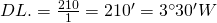 DL.=\frac{210}{1}=210'=3^{\circ}30'W
