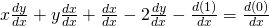 x\frac{dy}{dx}+y\frac{dx}{dx}+\frac{dx}{dx}-2\frac{dy}{dx}-\frac{d(1)}{dx}=\frac{d(0)}{dx}