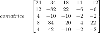comatrice=\begin{bmatrix}24 & -34 & 18 & 14&-12\\12 & -82 & 22 & -6&-6\\4 & -10 & -10 & -2&-2\\8 & 84 & -20 & -4&22\\4 &42 & -10 & -2&-2 \end{bmatrix}