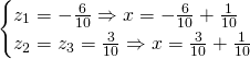 \begin{cases}z_{1}=-\frac{6}{10} \Rightarrow x=-\frac{6}{10}+\frac{1}{10}\\z_{2}=z_{3}=\frac{3}{10} \Rightarrow x=\frac{3}{10}+\frac{1}{10}\end{cases}